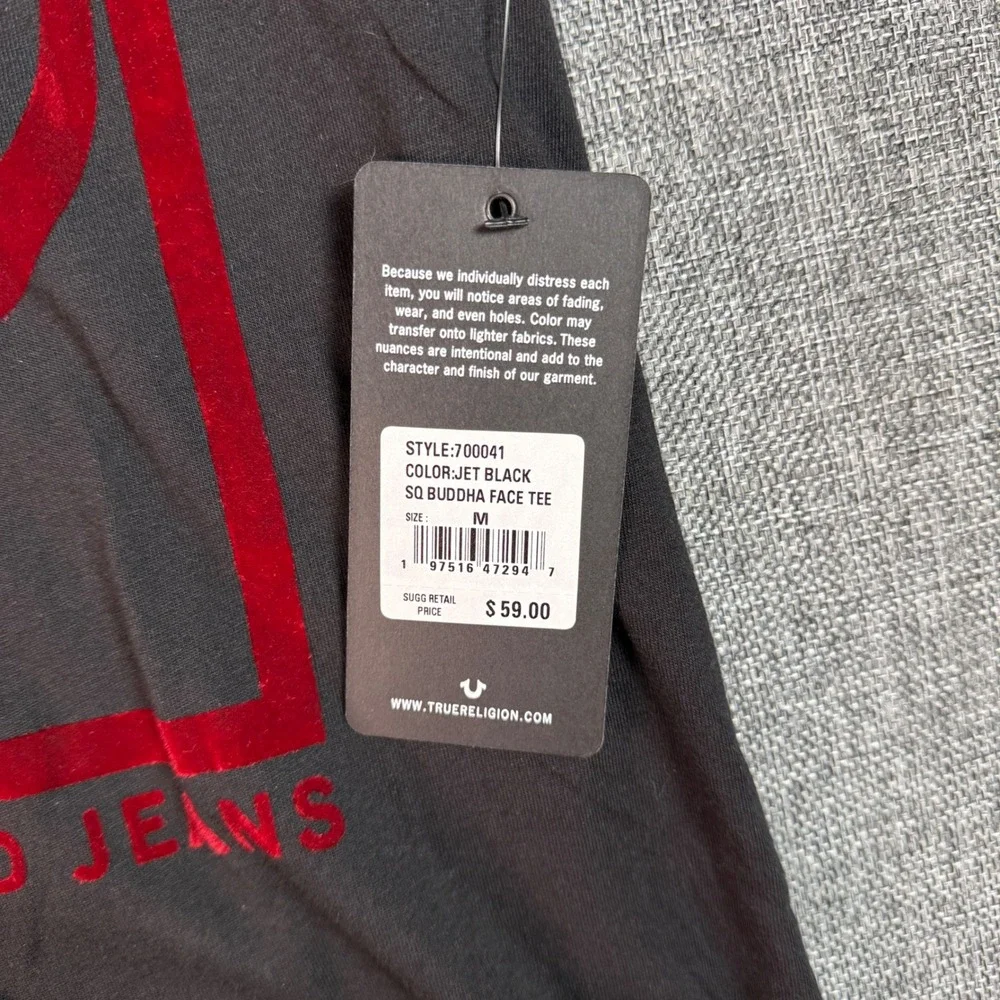 True Religion Buddha Face Graphic‎ Tee Jet Black Red Velvet Print Mens M NWT